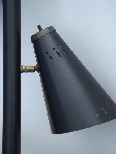 Mod black cone shade metal tension pole floor lamp, mid-century vintage