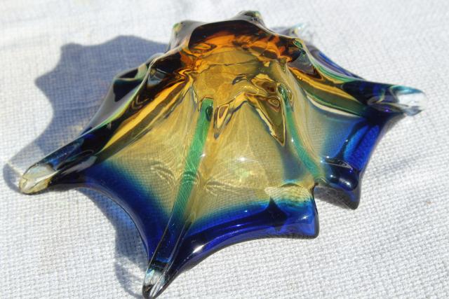 mod flower art glass ashtray, vintage hand blown murano glass, blue gold crystal clear