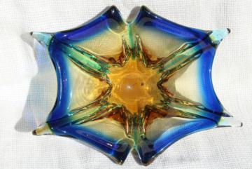 mod flower art glass ashtray, vintage hand blown murano glass, blue gold crystal clear