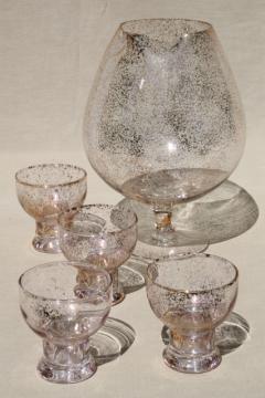 mod gold flake glass cocktail set, vintage metallic gold spatter pitcher & glasses