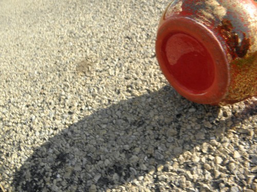 Mod gold flecked orange art pottery pitcher vase, 50s - 60s vintage