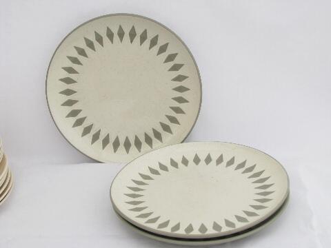Mod grey diamonds border, retro vintage Harker stoneware pottery dinner plates