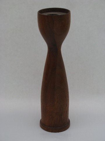 Mod mid-century vintage teak wood candlesticks, hourglass shape