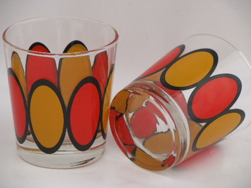 Mod orange and black lozenge design glasses, retro 70s glass tumblers