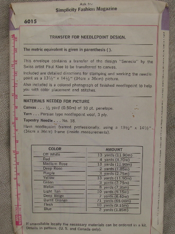 Mod Paul Klee Senecio needlepoint design print, 60s vintage transfer