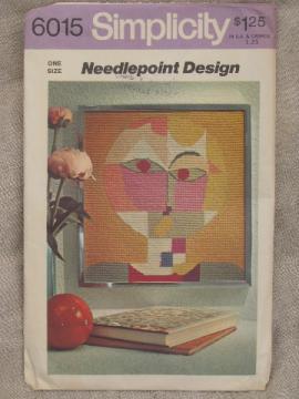 Mod Paul Klee Senecio needlepoint design print, 60s vintage transfer