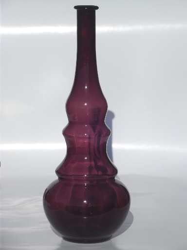 Mod purple glass tall decanter bottle vase, 60s vintage art glass