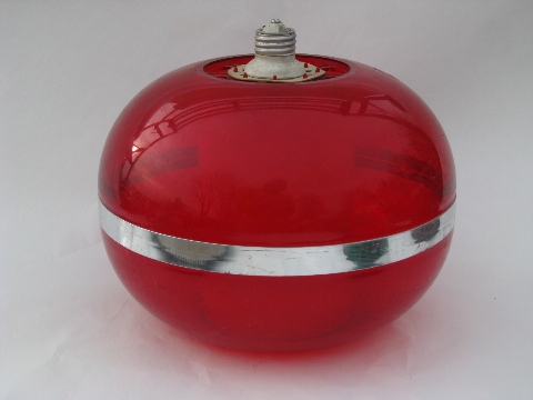 Mod red lucite plastic globe light, screw in socket ceiling fixture, 60s vintage lamp