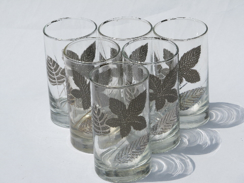 Mod silver foliage vintage leaf print glasses, 6 retro tumblers