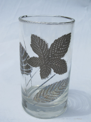Mod silver foliage vintage leaf print glasses, 6 retro tumblers