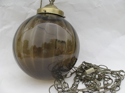 Mod smoke brown glass globe, retro vintage swag lamp hanging light