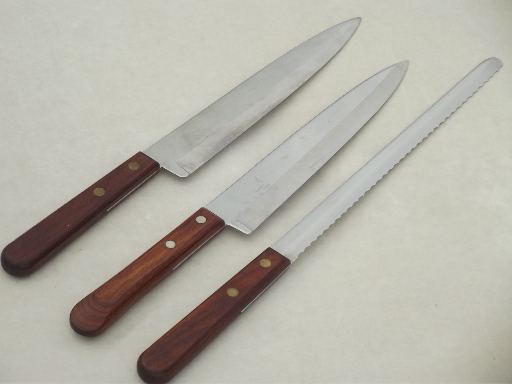 Mod teak handle bread & carving knives, Craftsman & Ekco Viscount knife lot