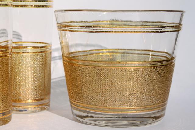 mod vintage Culver textured gold decorated glassware, highball glasses & ice bucket