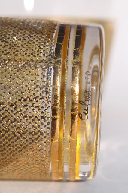 mod vintage Culver textured gold decorated glassware, highball glasses & ice bucket