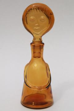 mod vintage Erik Hoglund head face stopper bottle, retro amber art glass decanter