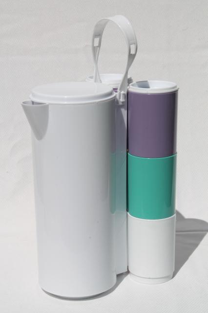 mod vintage Ingrid plastic dishes sets in retro pastel colors, Party Ball & Drinks Connection