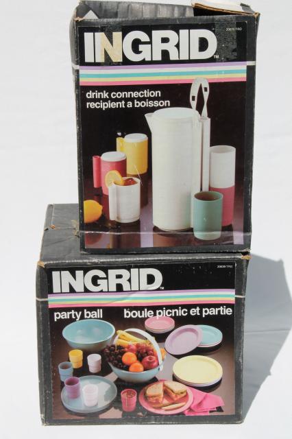 mod vintage Ingrid plastic dishes sets in retro pastel colors, Party Ball & Drinks Connection