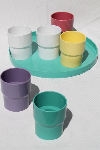 mod vintage Ingrid plastic dishes sets in retro pastel colors, Party Ball & Drinks Connection