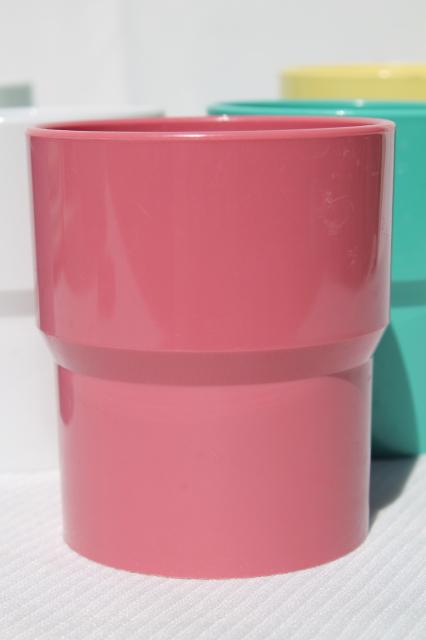 mod vintage Ingrid plastic dishes sets in retro pastel colors, Party Ball & Drinks Connection