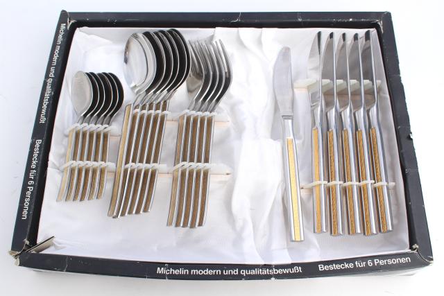 mod vintage Michelin 18-8 stainless steel flatware w/ gold accents, Solingen Germany