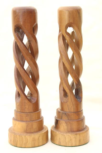 mod vintage acacia wood candlesticks, open twist spiral carved wood candle holders