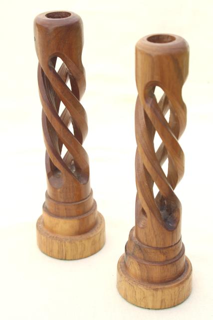 mod vintage acacia wood candlesticks, open twist spiral carved wood candle holders