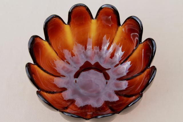 mod vintage amber brown textured glass lotus flower salad bowl & plastic servers set