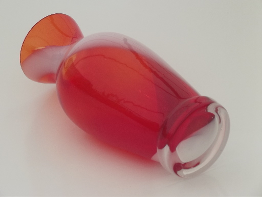 Mod vintage art glass bud vase, flame orange & milk white swirl slag glass