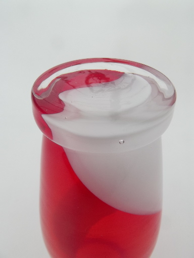 Mod vintage art glass bud vase, flame orange & milk white swirl slag glass