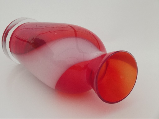 Mod vintage art glass bud vase, flame orange & milk white swirl slag glass