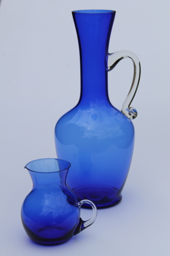 Mod vintage art glass pitcher vases, cobalt blue hand-blown glass pitchers