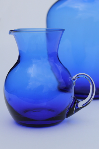 Mod vintage art glass pitcher vases, cobalt blue hand-blown glass pitchers