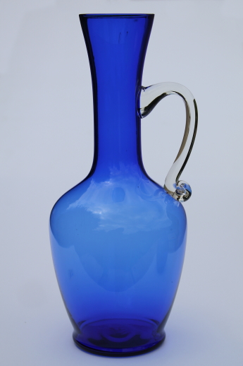 Mod vintage art glass pitcher vases, cobalt blue hand-blown glass pitchers