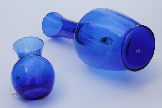 Mod vintage art glass pitcher vases, cobalt blue hand-blown glass pitchers