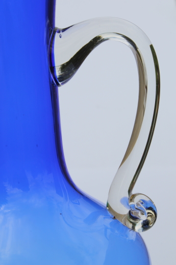 Mod vintage art glass pitcher vases, cobalt blue hand-blown glass pitchers