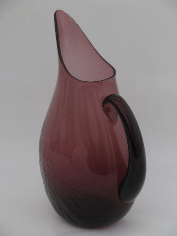 Mod vintage Blenko art glass, huge pitcher, 60s amethyst purple color