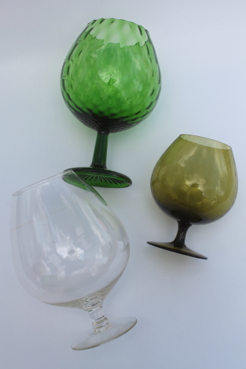 Mod vintage brandy snifter vases, big brandy glass vases in green & crystal clear glass