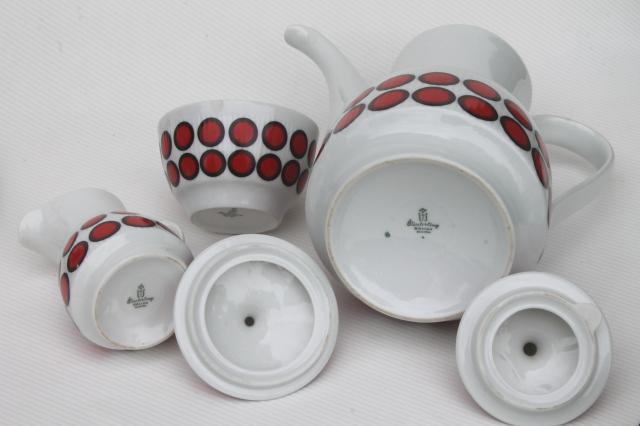 mod vintage china coffee pot set, cups, plates - black circles & red dots Winterling Bavaria