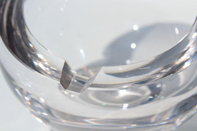 mod vintage crystal clear glass ashtray, round ball globe orb shape