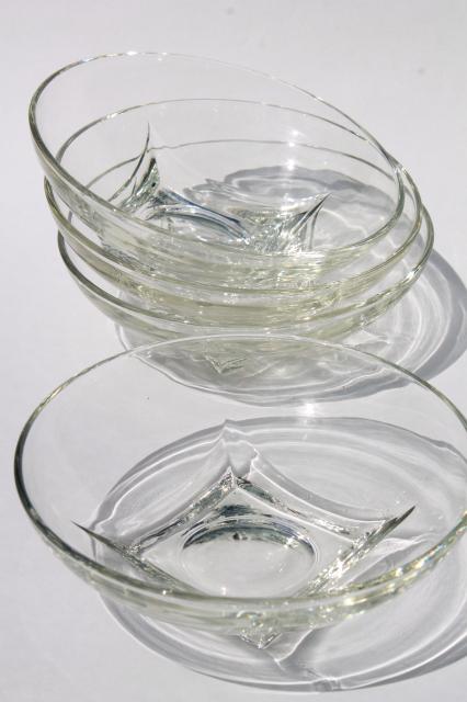 mod vintage crystal clear glass salad set, Hazel Atlas Colony square base round bowls