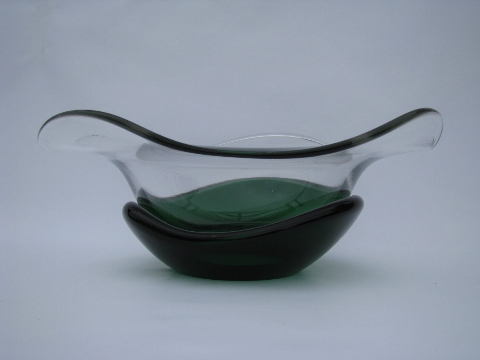 Mod vintage free-form art glass bowl, crystal w/ green paperweight base