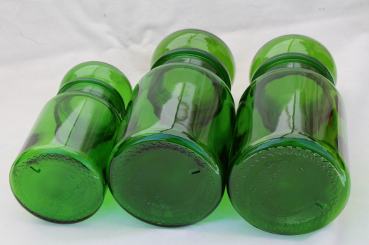 Mod vintage green glass kitchen canisters, airtight seal apothecary jars canister set