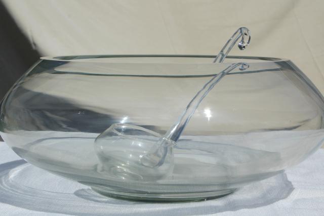 mod vintage hand blown glass cups & huge punch bowl, crystal clear Mexican art glass