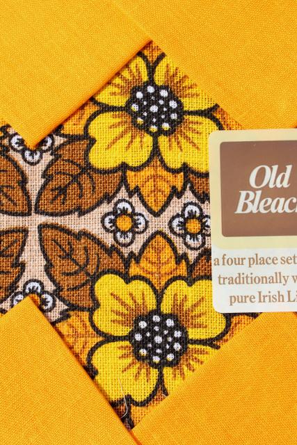 mod vintage handwoven Irish linen table place mats & napkins set, Old Bleach Ireland label