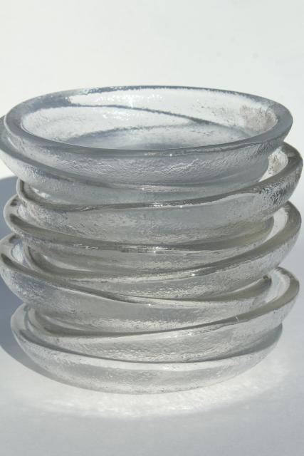 mod vintage ice textured glass salad plate bowls, heavy crystal clear glass