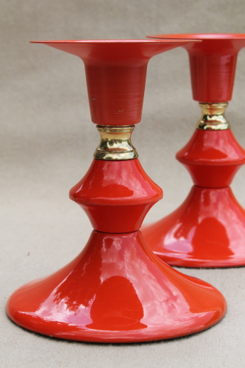 Mod vintage metal candlesticks set, glossy orange enamel candle holders