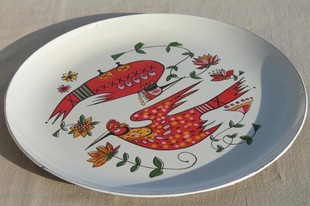 mod vintage plastic serving tray, bright retro folk art kookaburra bird design