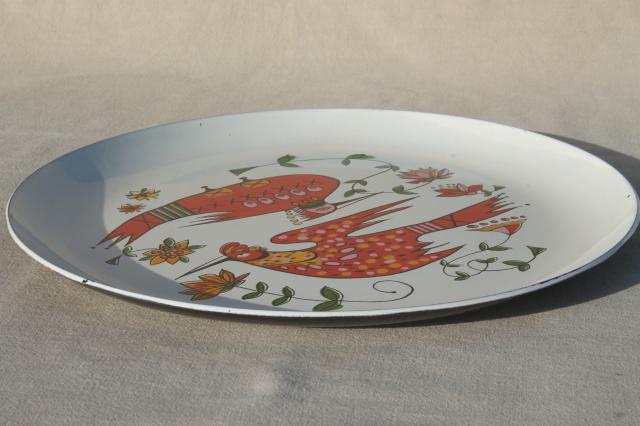 mod vintage plastic serving tray, bright retro folk art kookaburra bird design
