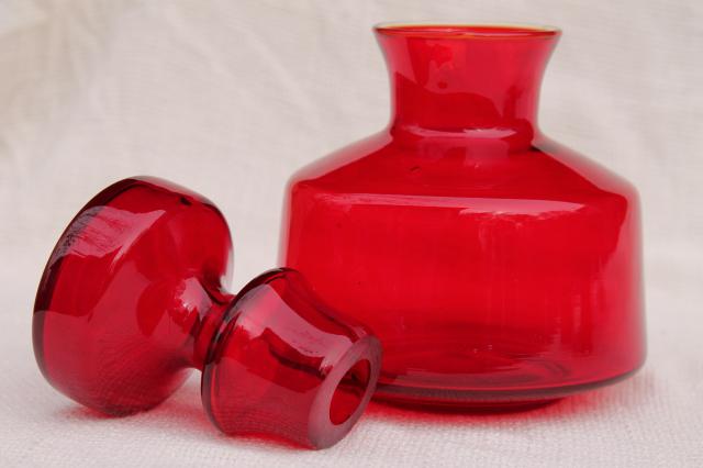 mod vintage ruby red glass ship's decanter, wine decanter or liquor bottle