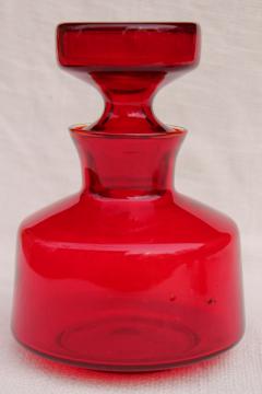 mod vintage ruby red glass ship's decanter, wine decanter or liquor bottle